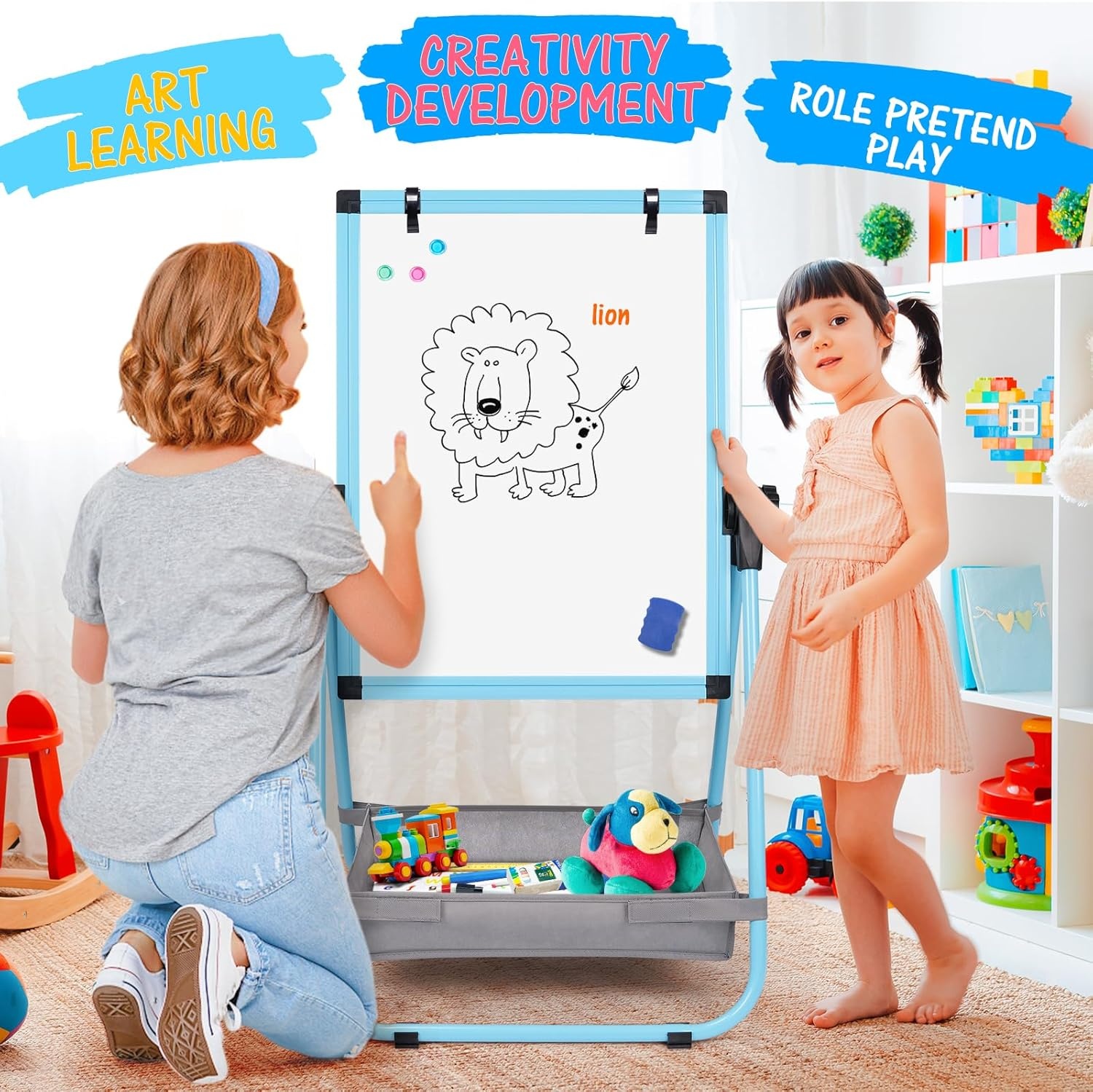 image:imagemaxtek Kids Easel 24x18in Adjustable DoubleSided Whiteboard amp Chalkboard 360Rotating Magnetic Standing Art Easel Kids for Boys and Girls 3 with Drawing Accessories BlackBlue